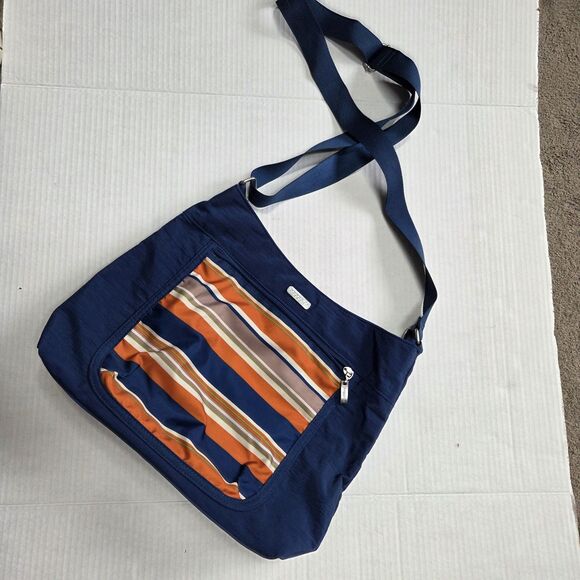 BAGGALLINI Navy Pacific Blue Stripes CROSSBODY SHOULDER BAG Adjustable 14x11" - Picture 1 of 12